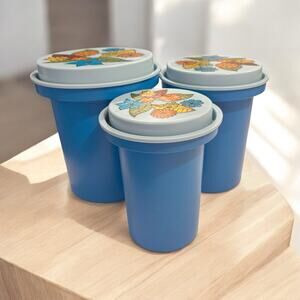 Vtg Rubbermaid Nesting Canister Set 3 Blue Floral Plastic 70's Retro 2226 Hippie